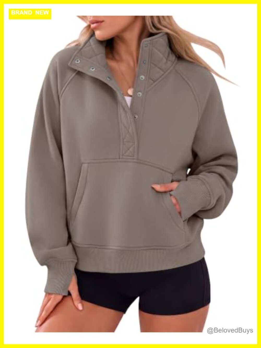 Womens Oversized Henley Neck Sweatshirt Cotton Fleece Pullover